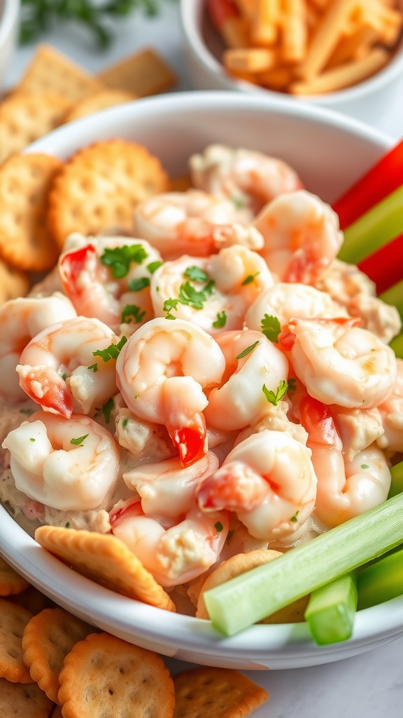 A delicious bowl of creamy shrimp dip garnished with herbs, accompanied by crackers and vegetables.